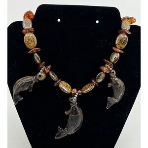 Vintage sterling silver 925‎ Amber Stone Fish Pendant Necklace Rustic Country